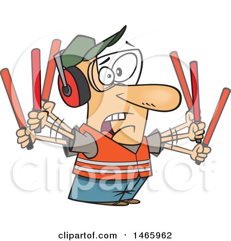 Clipart of a Cartoon Stressed White Male Traffic Controller Waving Wands - Royalty Free Vector Illustration by toonaday