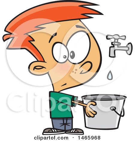 Clipart of a Cartoon White Boy Holding a Pail Under a Faucet, Drop in the Bucket - Royalty Free Vector Illustration by toonaday