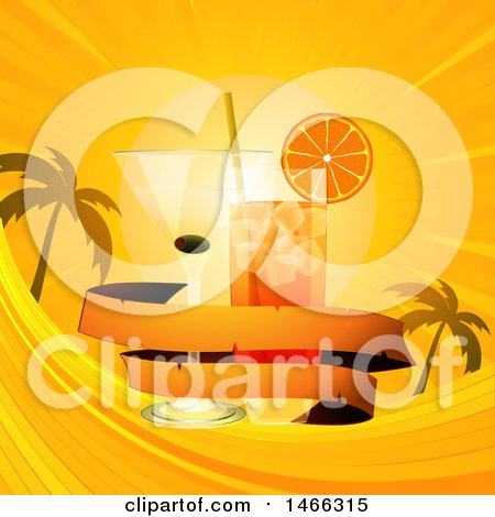 Clipart of a Tropical Sunset with Cocktails and a Banner - Royalty Free Vector Illustration by elaineitalia