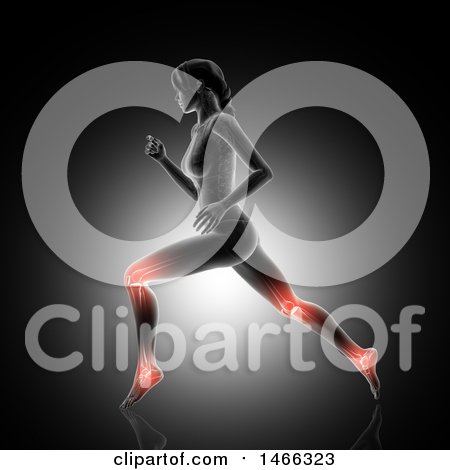 Clipart of a 3d Medical Anatomical Female with Glowing Joints Used While Running, on Gray - Royalty Free Illustration by KJ Pargeter