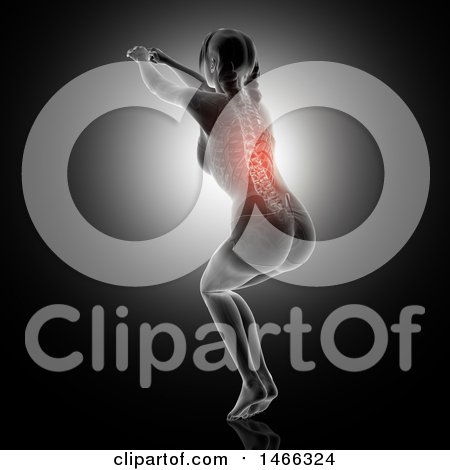 Clipart of a 3d Woman with Glowing Visible Spine, Squatting on Black - Royalty Free Illustration by KJ Pargeter