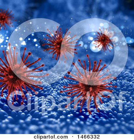 Clipart of a Background of 3d Red Virus Cells on Blue - Royalty Free Illustration by KJ Pargeter