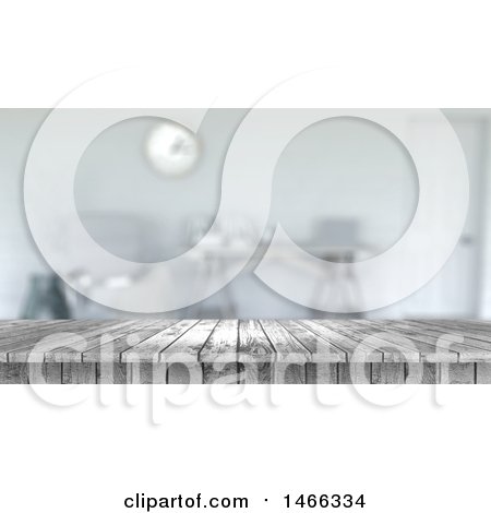 Clipart of a 3d Distressed White Wooden Table in a Blurred Room - Royalty Free Illustration by KJ Pargeter