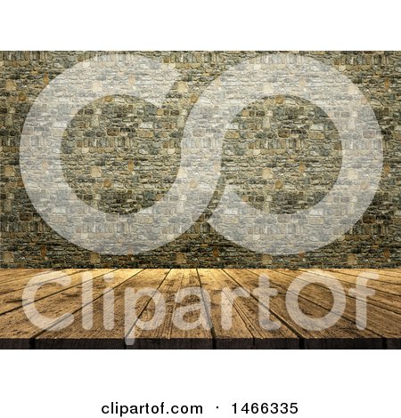 Clipart of a 3d Wood Table Surface and Stone Wall - Royalty Free Illustration by KJ Pargeter
