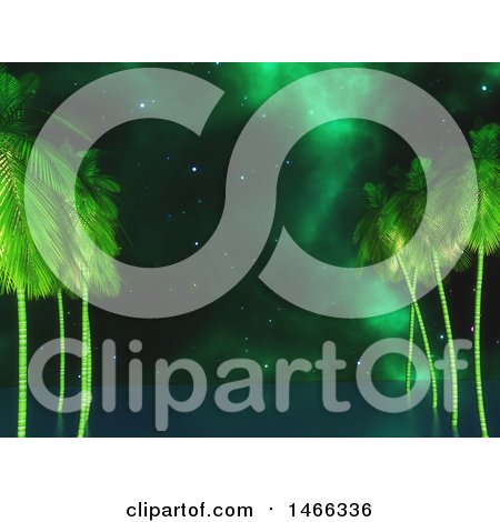 Clipart of a 3d Ocean with Palm Trees and Nebula Sky - Royalty Free Illustration by KJ Pargeter