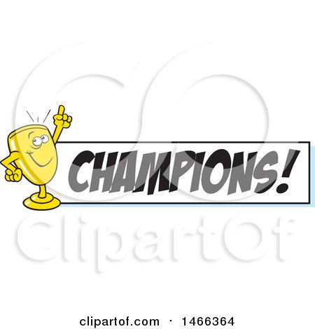 Clipart of a Trophy Cup Character Holding up a Finger by a Champions Banner - Royalty Free Vector Illustration by Johnny Sajem