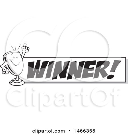 Clipart of a Black and White Trophy Cup Mascot Holding up a Finger by a Winner Banner - Royalty Free Vector Illustration by Johnny Sajem