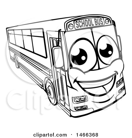 Clipart of a Black and White Happy School Bus - Royalty Free Vector Illustration by AtStockIllustration