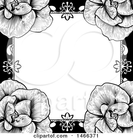 Clipart of a Black and White Border or Wedding Invitation with Roses - Royalty Free Vector Illustration by AtStockIllustration
