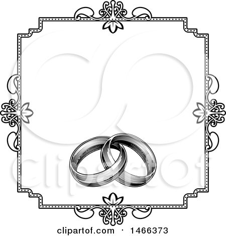 Clipart of a Black and White Invitation with a Frame and Engraved Wedding Rings - Royalty Free Vector Illustration by AtStockIllustration