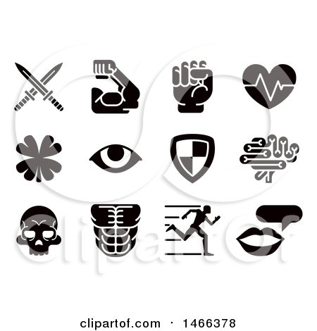 Clipart of Black and White Video Game Attribute Icons - Royalty Free Vector Illustration by AtStockIllustration