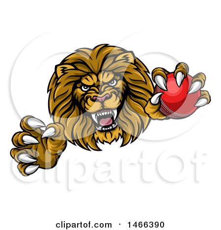 Clipart of a Tough Clawed Male Lion Monster Mascot Holding a Cricket Ball - Royalty Free Vector Illustration by AtStockIllustration
