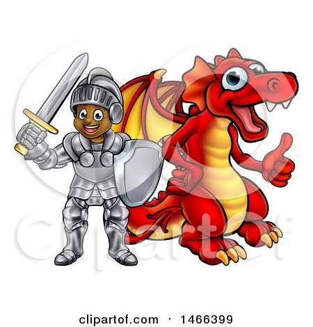 Clipart of a Black Boy Knight by a Red Dragon - Royalty Free Vector Illustration by AtStockIllustration
