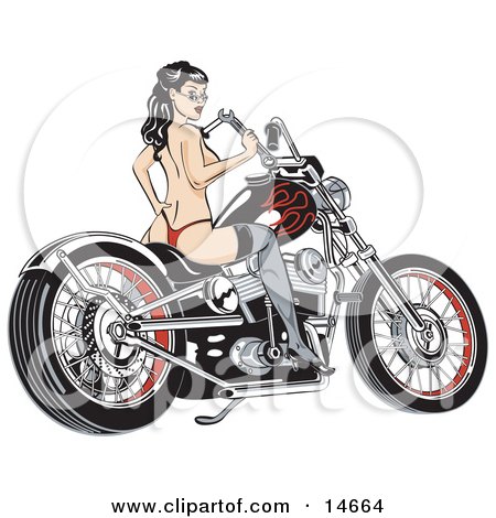 Sexy Topless Brunette Woman In A Red Thong, Stockings And Heels, Looking Back Over Her Shoulder And Holding A Wrench While Sitting On A Motorcycle Clipart Illustration by Andy Nortnik
