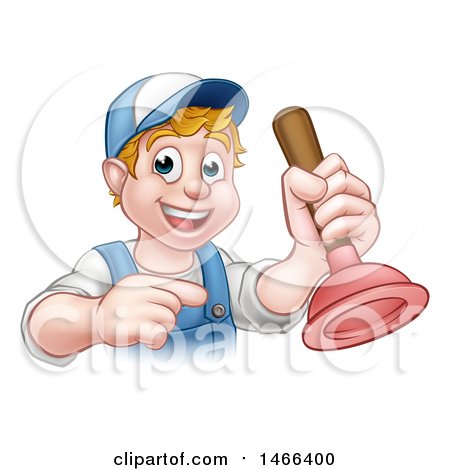 Clipart of a Cartoon Happy White Male Plumber Holding a Plunger and Pointing - Royalty Free Vector Illustration by AtStockIllustration