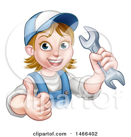 Clipart of a Cartoon Happy White Female Mechanic Holding up a Wrench and Thumb - Royalty Free Vector Illustration by AtStockIllustration