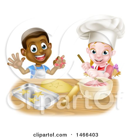 Clipart of a Cartoon Happy Black Boy and White Girl Baking Star Shaped Cookies - Royalty Free Vector Illustration by AtStockIllustration