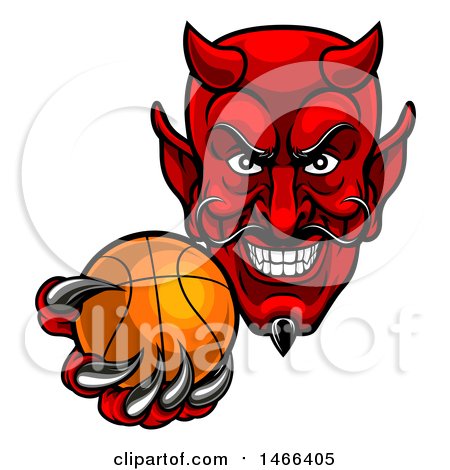 Clipart of a Grinning Evil Red Devil Holding out a Basketball in a Clawed Hand - Royalty Free Vector Illustration by AtStockIllustration
