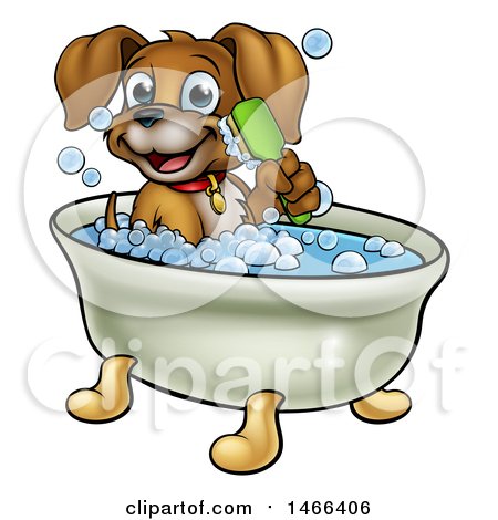 Clipart of a Cartoon Happy Puppy Dog Holding a Brush and Soaking in a Bubble Bath - Royalty Free Vector Illustration by AtStockIllustration