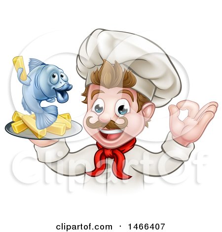 Clipart of a Cartoon White Male Chef Gesturing Ok and Holding a Fish and Chips on a Tray - Royalty Free Vector Illustration by AtStockIllustration