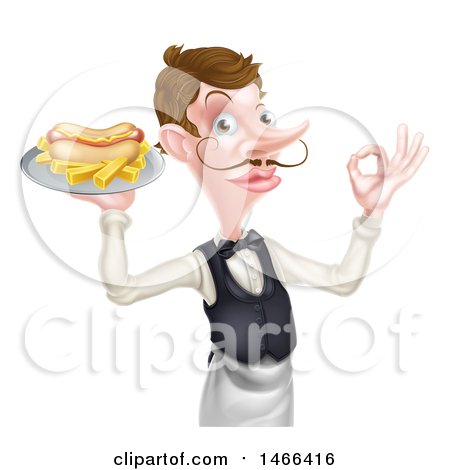 Clipart of a White Male Waiter with a Curling Mustache, Holding a Hot Dog and Fries on a Platter and Gesturing Ok - Royalty Free Vector Illustration by AtStockIllustration