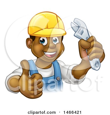Clipart of a Cartoon Happy Black Male Plumber Holding an Adjustable Wrench and Giving a Thumb up - Royalty Free Vector Illustration by AtStockIllustration