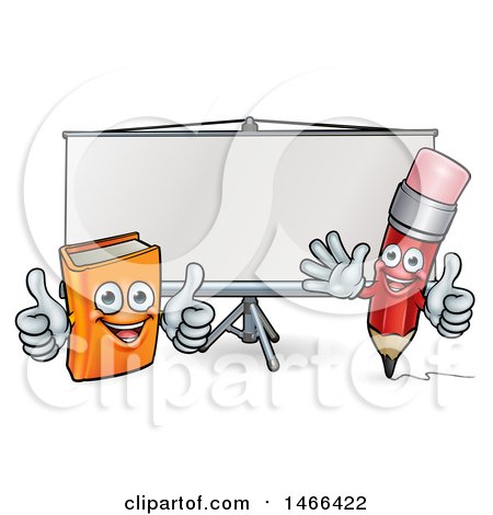 Clipart of a Cartoon Red Pencil and Orange Book in Front of a Projector Screen - Royalty Free Vector Illustration by AtStockIllustration