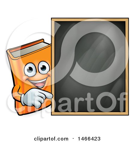 Clipart of a Happy Orange Book Mascot Pointing Around a Black Board - Royalty Free Vector Illustration by AtStockIllustration