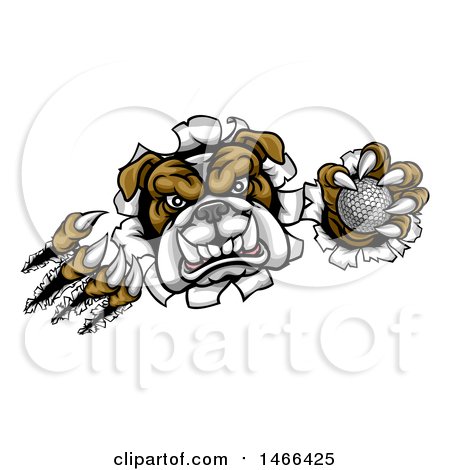 Clipart of a Vicious Tough Bulldog Monster Shredding Through a Wall with a Golf Ball in One Hand - Royalty Free Vector Illustration by AtStockIllustration