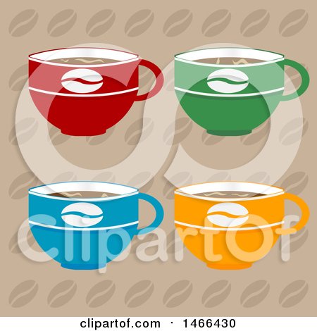 Clipart of a Colorful Coffee Cups over a Bean Pattern - Royalty Free Vector Illustration by elaineitalia
