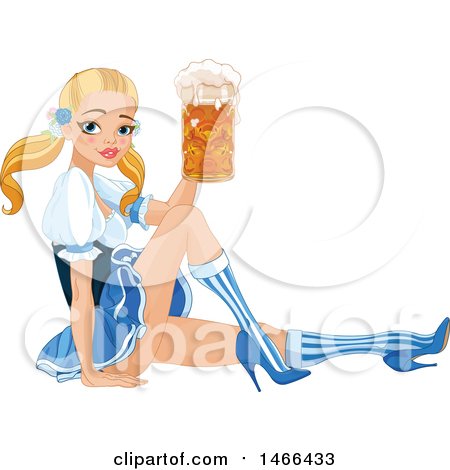 Clipart of a Sexy Blond Oktoberfest Beer Maiden Woman Sitting and Holding a Mug - Royalty Free Vector Illustration by Pushkin