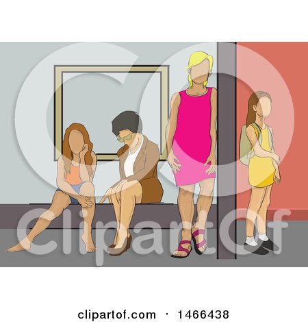 Clipart of a Group of Women and a Girl at a Bus Stop - Royalty Free Vector Illustration by David Rey