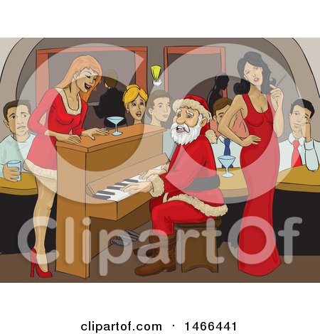 Clipart of a Christmas Santa Playing a Piano at a Bar - Royalty Free Vector Illustration by David Rey