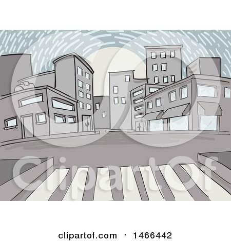 Clipart of a Sketched Citywalk and City Street at Sunset - Royalty Free Vector Illustration by David Rey