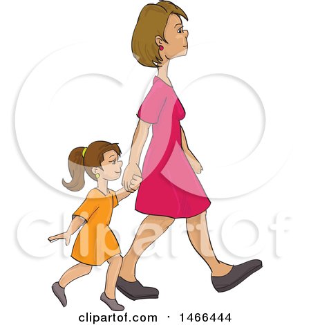 Clipart of a Little Girl Walking and Holding Hands with Her Mom - Royalty Free Vector Illustration by David Rey