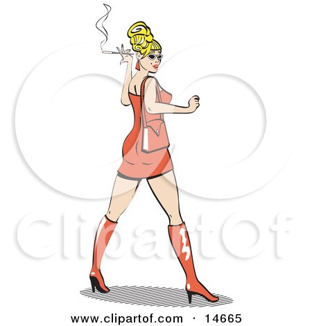 Sexy Blond Bombshell Woman Wearing A Tight Orange Dress Looking Back And Smoking A Cigarette Clipart Illustration by Andy Nortnik