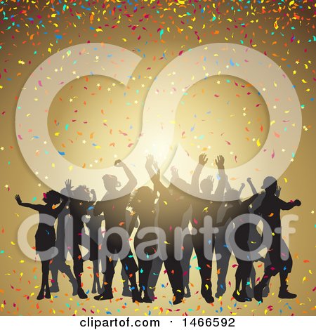 Clipart of a Group of Silhouetted Dancers with Colorful Confetti over Gold - Royalty Free Vector Illustration by KJ Pargeter