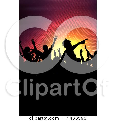 Clipart of a Group of Silhouetted Dancers over Halftone Lights - Royalty Free Vector Illustration by KJ Pargeter