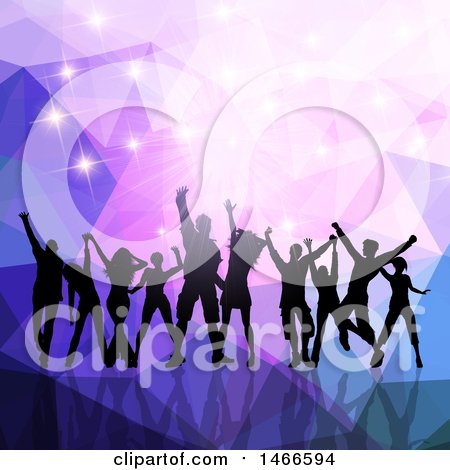 Clipart of a Group of Silhouetted Dancers over Purple Low Poly and Sparkles - Royalty Free Vector Illustration by KJ Pargeter