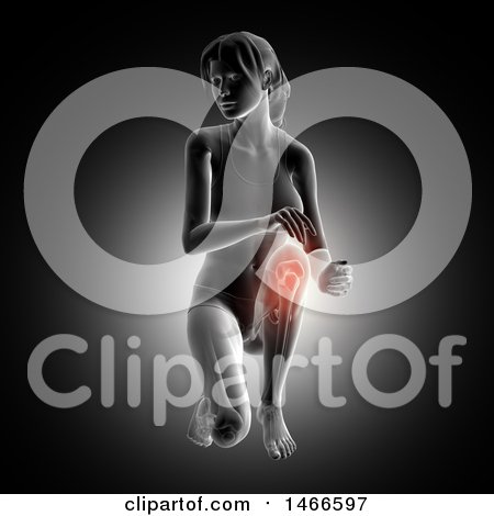 Clipart of a 3d Anatomical Woman Kneeling, with Red Highlighted Knee Joint, on a Dark Background - Royalty Free Illustration by KJ Pargeter