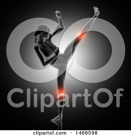 Clipart of a 3d Anatomical Woman with Red Highlighted Knee Joints, Kickboxing, on a Dark Background - Royalty Free Illustration by KJ Pargeter