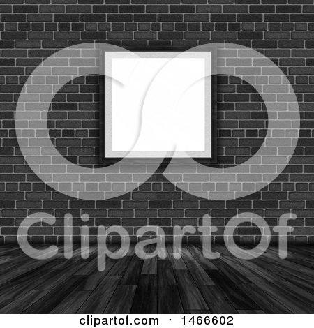 Clipart of a 3d Blank Picture Frame on a Gray Brick Wall and Wood Floor - Royalty Free Illustration by KJ Pargeter