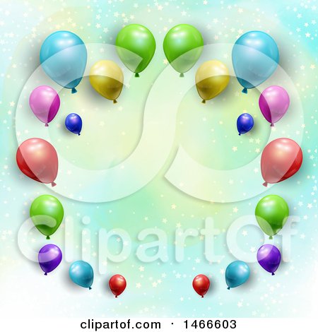 Clipart of a Border of 3d Party Balloons over Watercolor and Stars - Royalty Free Vector Illustration by KJ Pargeter