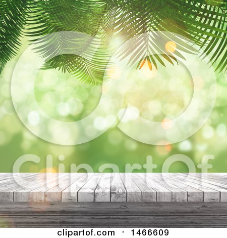 Clipart of a 3d Wood Surface over Green with Palm Branches - Royalty Free Illustration by KJ Pargeter