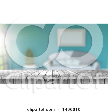 Clipart of a 3d Distressed White Wood Table Top in a Blurred Room - Royalty Free Illustration by KJ Pargeter