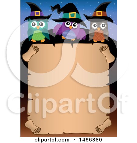 Clipart of a Group of Witch Owls in a Halloween Border - Royalty Free Vector Illustration by visekart