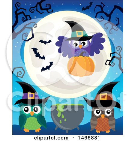Clipart of a Group of Witch Owls with a Cauldron and Pumpkin Under a Full Moon - Royalty Free Vector Illustration by visekart