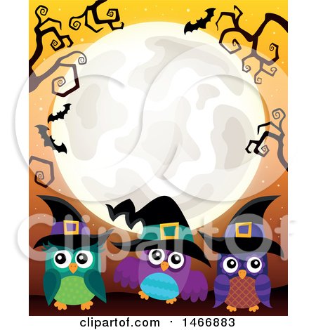 Clipart of a Group of Witch Owls Under a Full Moon - Royalty Free Vector Illustration by visekart