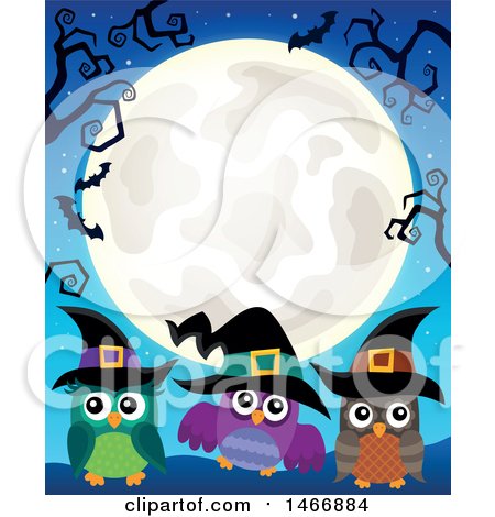 Clipart of a Group of Witch Owls Under a Full Moon - Royalty Free Vector Illustration by visekart