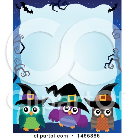 Clipart of a Group of Witch Owls in a Halloween Border - Royalty Free Vector Illustration by visekart